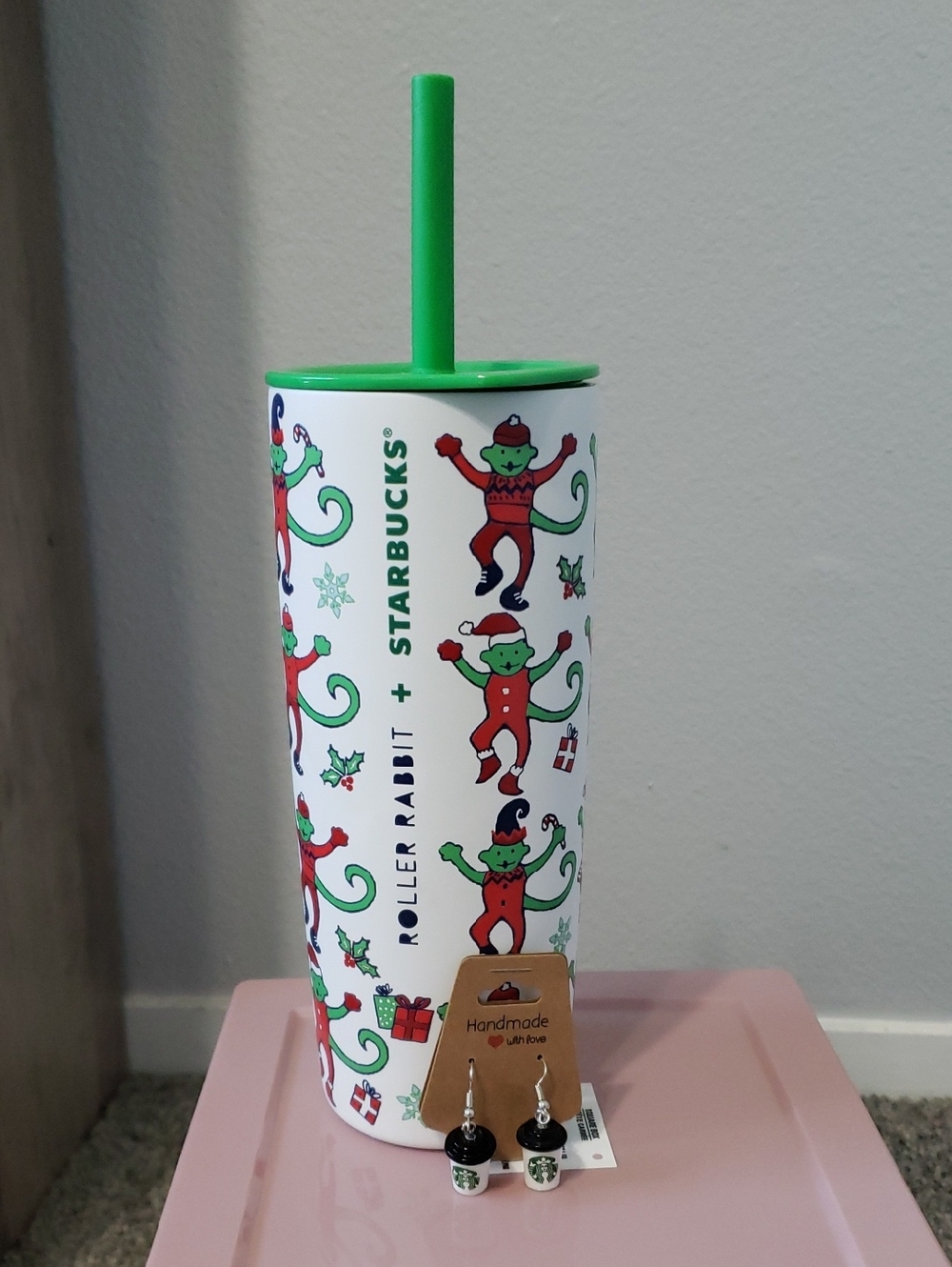 Starbucks White And Green Holiday Monkey Tumbler with Straw And Earrings NEW